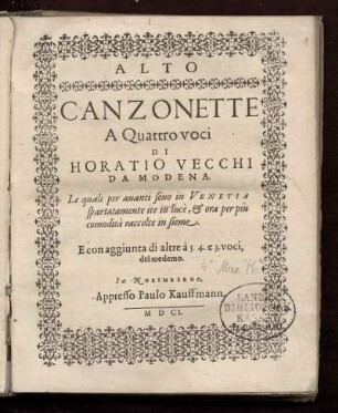 Oratio Vecchi: Canzonette a quattro voci. Alto