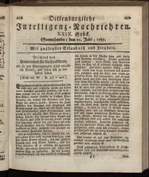 XXIX. Stück. Sonnabends: den 21. Julii, 1787.