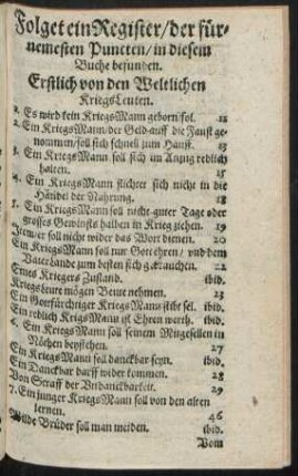 Folget ein Register/ der fürnemesten Puncten/ in diesem Buche befunden.