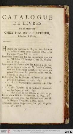 Catalogue de Livres [...] chez Haude et Spener