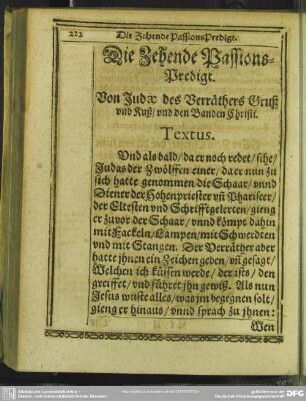 Die Zehende Passions-Predigt. Von Judae des Verräthers Gruß und Kuß, und den Banden Christi