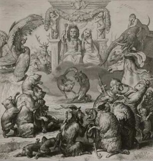 Kaulbach, Wilhelm von. Illustration zu Reineke Fuchs von Johann Wolfgang v. Goethe. Zweikampf zwischen Wolf und Fuchs