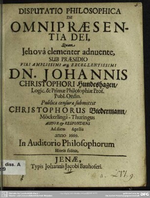 Disputatio philosophica de omnipraesentia dei