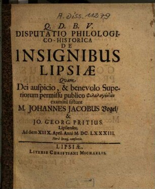Disputatio Philologico-Historica De Insignibus Lipsiae