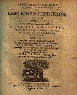 Disp. iur. inaug. de emptione et venditione