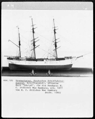 Hölzerne Bark "Adolph", für die Reederei H. C. Stücklen Wwe. Hamburg, erbaut 1877