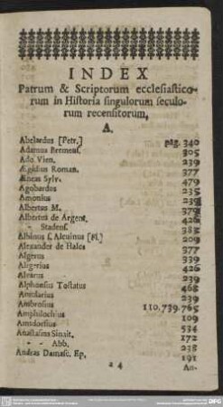 Index Patrum & Scriptorum ecclesiasticorum in Historia singulorum seculorum recensitorum