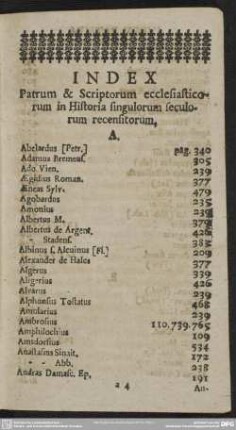 Index Patrum & Scriptorum ecclesiasticorum in Historia singulorum seculorum recensitorum