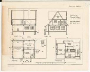 Gemeindehaus Monatskonkurrenz Oktober 1913: Grundriss Erdgeschoss, Dachgeschoss, Längsschnitt, Querschnitt 1:100; Maßstabsleiste