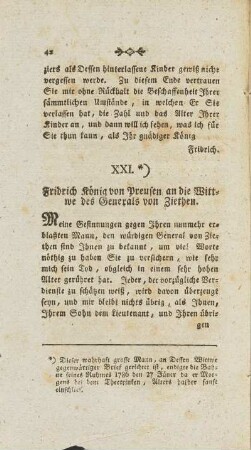 XXI. Brief. Fridrich König von Preusen an die Wittwe des Generals von Ziethen