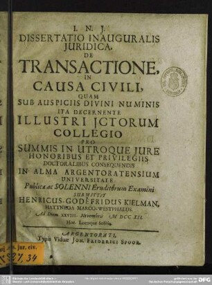 Dissertatio Inauguralis Iuridica, De Transactione, In Causa Civili