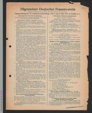 Tagesordnung und Mitteilungen des Gießener Arbeitsausschusses für die 27. Generalversammlung des ADF 1913 in Gießen