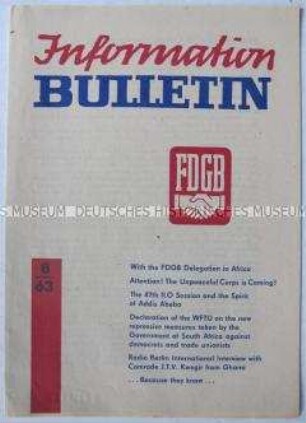 Mitteilungsblatt des FDGB u.a. zum Besuch einer FDGB-Delegation in Afrika (in englischer Sprache)