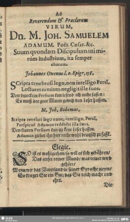 Ad Reverendum & Praelarum Virum Dn. M. Joh. Samuelem Adamum … .