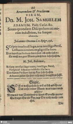 Ad Reverendum & Praelarum Virum Dn. M. Joh. Samuelem Adamum … .