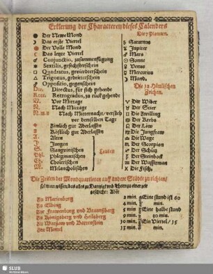 Erklärung der Characteren dieses Calenders