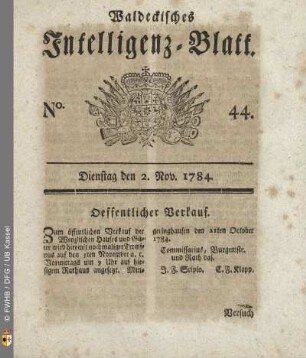 No. 44, Dienstag den 2. Nov. 1784