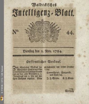 No. 44, Dienstag den 2. Nov. 1784