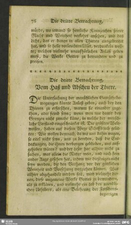 Die dritte Betrachtung, Von dem Haß und Abscheu der Thiere