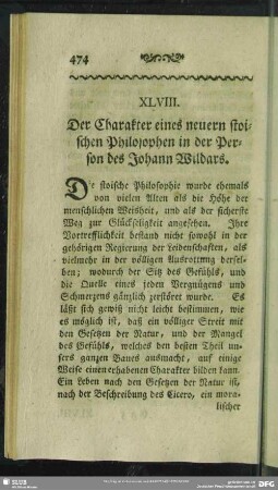 XLVIII. Der Charakter eines neuern stoischen Philosophen in der Person des Johann Wildars