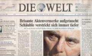 Tageszeitung "Die Welt" mit Berichten zum Finanzskandal der CDU