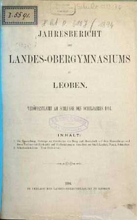 Jahresbericht des Landesobergymnasiums zu Leoben : veröffentlicht am Schlusse des Schuljahres .... 1894