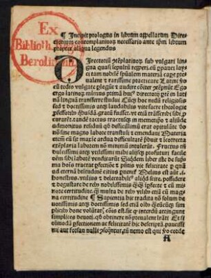 Incipit prologus in librum appellatum Directorium contemplativorum necessario ante ipsum librum propter aliqua legendus