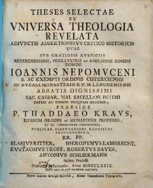 Theses selectae ex universa theologia revelata, adiunctis adsertionibus critico-historicis
