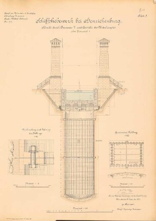 Dortmund-Ems-Kanal. Schiffshebewerk, Henrichenburg: Schnitt durch Brunnen V, Ansicht Unterhaupt 1:100, Details 1:20, 1:2