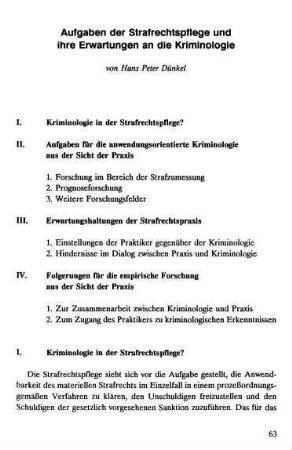 63-82, Aufgaben der Strafrechtspflege und ihre Erwartungen an die Kriminologie