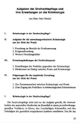 63-82, Aufgaben der Strafrechtspflege und ihre Erwartungen an die Kriminologie