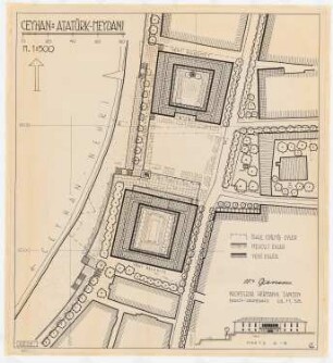 Gesamtbebauungsplan Ceyhan Atatürkplatz, zwischen neuem Rathaus und neuem Regierungsgebäude gelegen: Lageplan und Schnitt 1:500, Maßstabsleiste