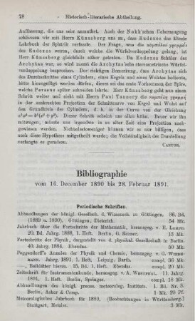 Bibliographie vom 16. December 1890 bis 28. Februar 1891.