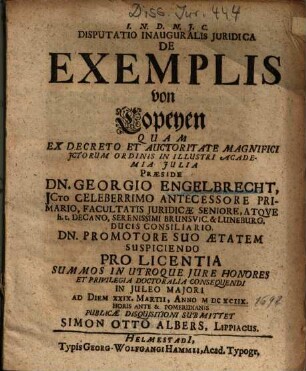 Disputatio Inauguralis Juridica De Exemplis, von Copeyen