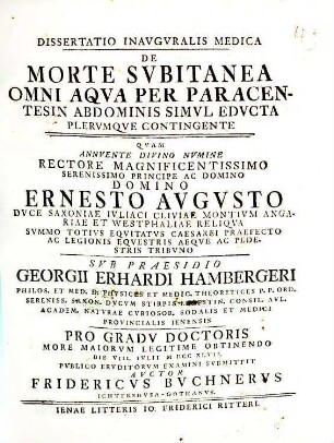 Dissertatio Inavgvralis Medica De Morte Svbitanea Omni Aqva Per Paracentesin Abdominis Simvl Edvcta Plervmqve Contingente