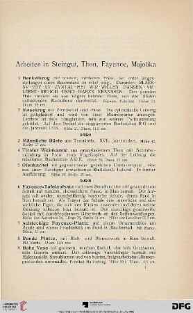 Arbeiten in Steingut, Thon, Fayence, Majolika (Nr. 1-29)