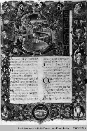 Missale Romanum : Buchseite mit Randbordüre, Text und historisierter Initiale B(eatus vir): König David im Gebet
