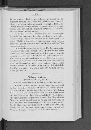 Wilhelm Weimar, gestorben am 25. Juni 1917. : Aus einem Vortrag am 19. November 1917