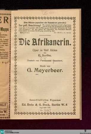 Die Afrikanerin : Oper in 5 Akten