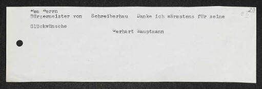 Brief von Gerhart Hauptmann an Schreiberhau / Bürgermeister