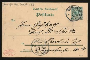 Postkarte an Philipp Spitta : 05.01.1892