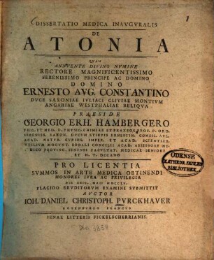 Dissertatio Medica Inavgvralis De Atonia