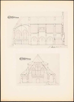 Evangelische Kirche: Querschnitt, Längsschnitt (aus: Drucke von Seminararbeiten der Königlich Technischen Hochschule Berlin, Bd. I)