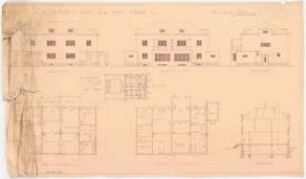 Zweifamilienhaus Monatskonkurrenz Februar 1930: Lageplan 1:500; (je ein halber) Grundriss Keller, Erdgeschoss, Obergeschoss, Dachgeschoss, Aufriss Straßenansicht, Gartenansicht, Hofansicht, Querschnitt