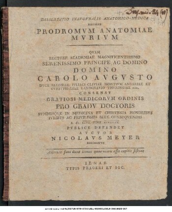 Dissertatio Inavgvralis Anatomico-Medica Sistens Prodromvm Anatomiae Mvrivm