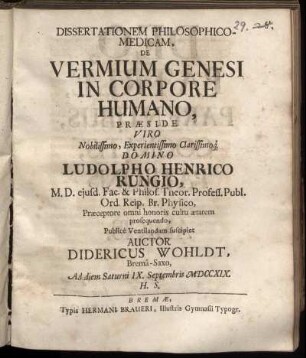 Dissertationem Philosophico-Medicam, De Vermium Genesi In Corpore Humano