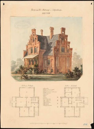Wohnhaus des Bürgermeisters, Lütjenburg: 2 Grundrisse; perspektivische Ansicht