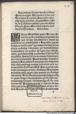 Oratio Luccensium ad Alexandrum VI. papam habita pro oboedientia praestanda