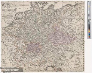 Charte das Deutsche Reich nach seinen Kreisen und deren Unterteilungen vorstellend; Nach astronomischen Beobachtungen und den neuesten Special-Charten neu entworfen von F.L. Güssefeld und herausgegeben von den Homännischen Erben in Nürnberg 1789 mit Räm. Kayserl. allergnädigster Freyheit