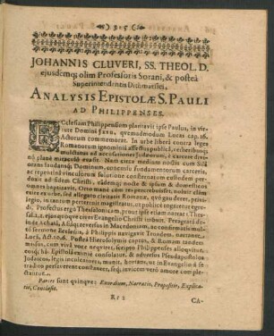 Johannis Cluveri ... Analysis Epistolae S. Pauli Ad Philippenses.